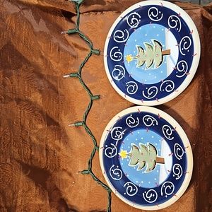 LivingQUARTERS Pair (2) Christmas Tree 8” Ceramic Plates-Raised Design-Vntg-VGC